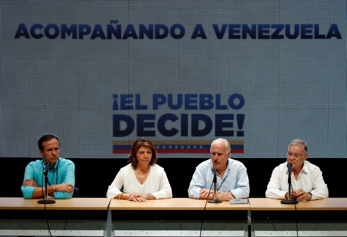 Former Presidents Quiroga, Chinchilla, Pastrana and Rodriguez attend a news conference after an unofficial plebiscite against President Nicolas Maduro's government and his plan to rewrite the constitution, in Caracas