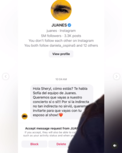 Juanes le obsequió dos entradas a su concierto a Sheryl Rubio