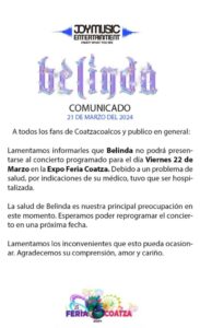 Belinda canceló su concierto en México y explicó su razón