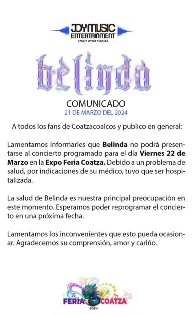 Belinda canceló su concierto en México y explicó su razón