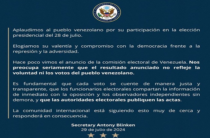 El comunicado de EEUU por la elección presidencial en Venezuela