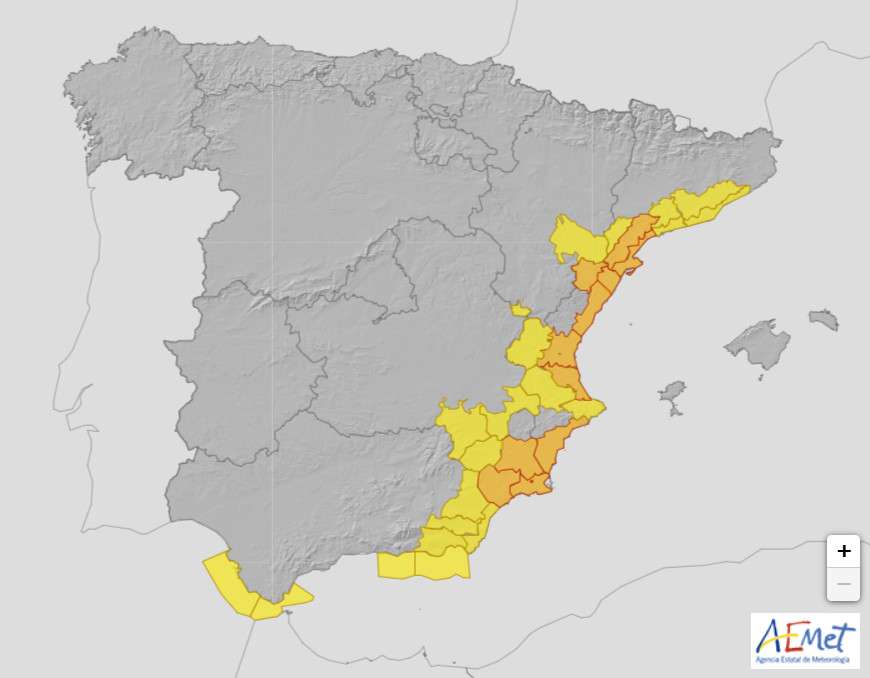 Alerta Roja y Naranja en varias regiones de Almería y Valencia en España
