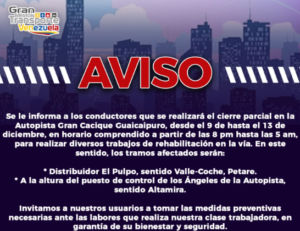 Ministerio de Transporte anunció horarios de cierres parciales de la autopista Gran Cacique Guaicaipuro