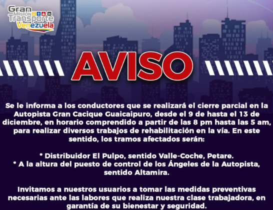 Ministerio de Transporte anunció horarios de cierres parciales de la autopista Gran Cacique Guaicaipuro