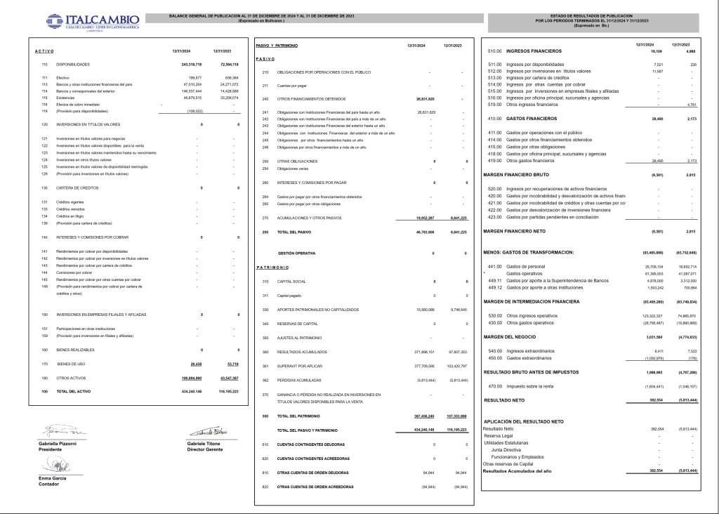 Italcambio Balance al 31/12/2024 y al 31/12/2023