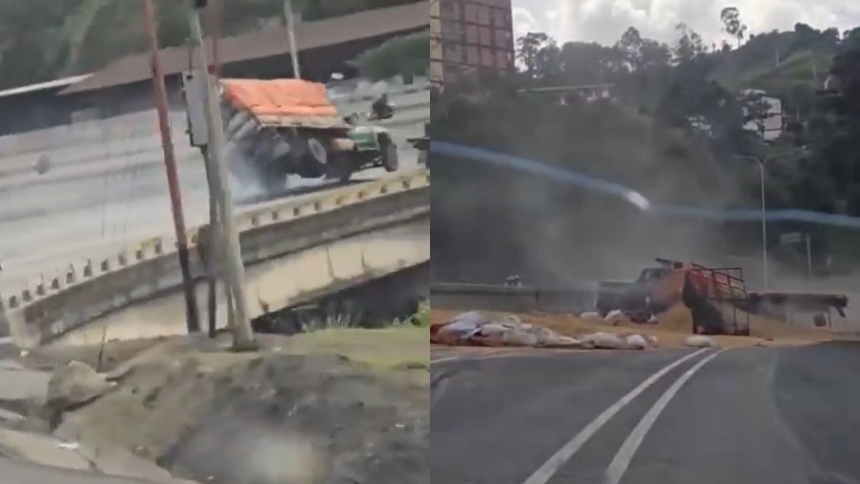 El peligroso vuelco de un camión cargado de arena en plena bajada de Tazón