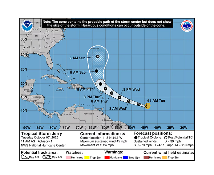 Se formó la tormenta tropical Jerry en el Atlántico y podría convertirse en huracán en los próximos días