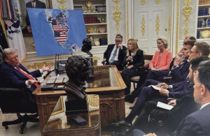 Trump (en sus delirios de conquista) publica imagen (falsa) con bandera de EEUU sobre Venezuela, Canadá y Groenlandia