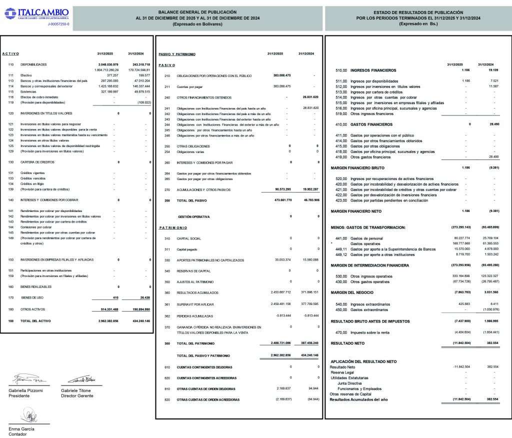 Italcambio Balance al 31/12/2025 y al 31/12/2024